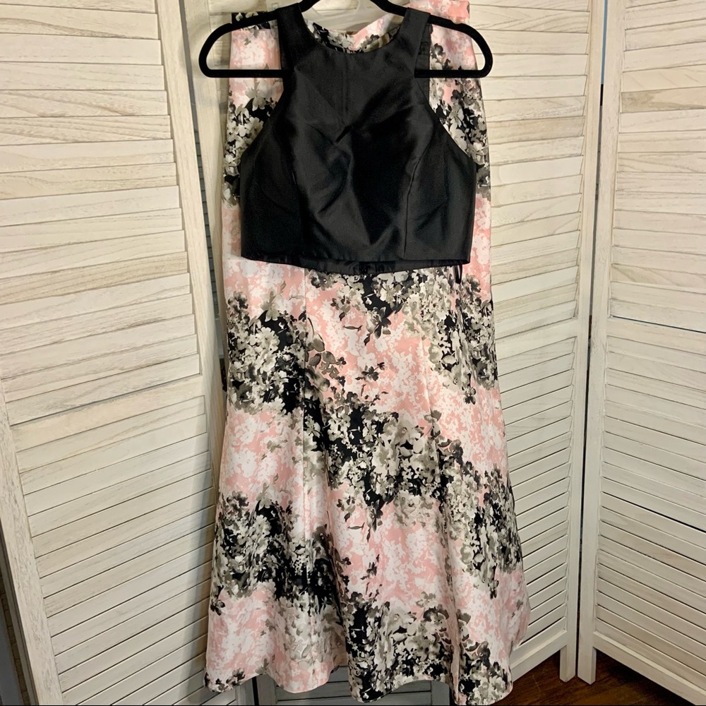 Cachet Two Piece Prom Dress Mermaid Skirt Black and Pink Floral Twill